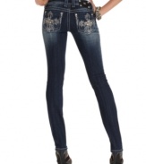 Embroidered crosses with rhinestone details add eye-catching appeal to these Miss Me straight-leg jeans -- perfect for hot everyday style!
