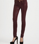 Crafted with fantastic stretch and recovery, these high-shine skinnies have a glossy coating that gives them a supple, leather-like appearance. THE FITMedium rise, about 8Inseam, about 30Leg opening, about 10THE DETAILSZip flyFive-pocket style98% cotton/2% spandexHand washMade in USAModel shown is 5'11 (178cm) wearing US size 4.