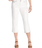 Style&co. puts a twist on white denim capri pants with edgy studs and a touch of rhinestone sparkle! Extra tummy control ensures a smooth silhouette, too.