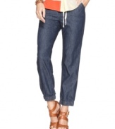 Elastic cuffs and a cropped silhouette give these jeans by DKNY Jeans modern attitude. Wear with a colorful loose blouse and a stack of bangles for laid-back polish.