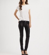 Textured, high-shine finish gives these leggings-style skinnies a leather-like look. THE FITRise, about 7Inseam, about 31Leg opening, about 10½THE DETAILSButton closureZip flyFive-pocket styleSupima cotton/cotton/modal/polyurethaneMachine washMade in USA of imported fabricModel shown is 5'11 (178cm) wearing US size 4.