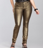 Metallic-coated denim -- what could be more perfect for holiday parties and seasonal soirees! INC's plus size jeans feature a tailored, skinny fit in burnished gold.