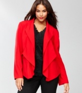 Add a feminine touch to your wardrobe in INC's plus size blazer, complete with a draped lapel.