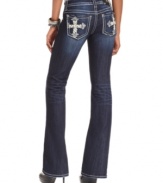 Rhinestone and embroidered crosses add eye-catching appeal to these Miss Me bootcut jeans -- perfect for daytime glam!