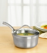 Simmer sumptuous sauces or heat up homemade soups with this top-of-the-line saucepan. Stainless steel build and sleek curved vessel ensure exceptional and consistent cooking results. Stay-cool long handles let you move pan without burning your hands. Glass cover. Dishwasher safe. Lifetime warranty.