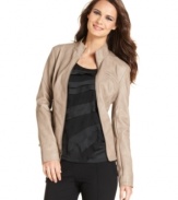 Alfani's faux leather jacket features a subtly distressed look with chic zipper embellishments.