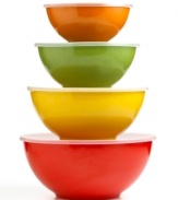 Mix, match, serve, stash. With plastic lids to help keep food fresh in the fridge, this colorful collection of melamine bowls is perfect for an endless array of kitchen tasks. Limited lifetime warranty.