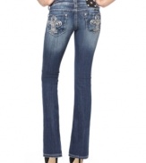 Rhinestone encrusted Fleur De Lise details add glam to these Miss Me bootcut jeans for major eye-catching appeal!