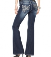 Rhinestones and floral embroidery add feminine flair to these Miss Me bootcut jeans -- perfect for a flirty spring look!