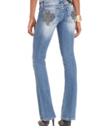 Rhinestone & embroidered Fleur de Lis add eye-catching appeal to these Miss Me bootcut jeans -- perfect for daytime glam!