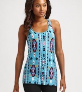 Impossibly comfy stretch modal knit with eclectic Aztec inspired patterns and lots of relaxed appeal.Scoop neckline Sleeveless Racerback About 30 from shoulder to hem 92% modal/8% spandex Machine wash Imported