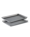 Bake deliciously sweet treats with this jelly roll pan set. Both pans have nonstick interiors and exteriors for easy cleaning, no-hassle food release and optimum baking performance. Constructed of aluminized steel to resist rusting. Rolled edges are reinforced with tinned steel wire for added strength. Oven safe to 450 degrees. Lifetime warranty. Model BW2018P.