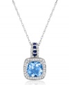Liven your look with a splash of sparkling color. Le Vian's exquisite pendant features a cushion-cut aquamarine (1-3/8 ct. t.w.), round-cut diamonds (1/5 ct. t.w.) and bright sapphire accents. Crafted in 14k white gold. Approximate length: 18 inches. Approximate drop: 3/4 inch.