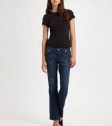 Update your weekend wardrobe with these mid-rise, dark-wash jeans with super flattering bootcut construction. THE FITMedium rise, about 8Inseam, about 31THE DETAILSZip flyFive-pocket style55% cotton/43% Lyocell/2% polyurethaneMachine washMade in USA of imported fabricModel shown is 5'11 (178cm) wearing US size 4.