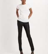 Glossy coated cotton adds a modern look to this slim fit style.THE FITSlim fit Medium rise, about 8 Inseam, about 34THE DETAILSZip fly with button closure Five pocket style 64% cotton/32% polyester/4% lycra Machine wash Made in the USA Additional Information Women's Premier Designer & Contemporary Size Guide 