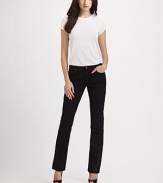 A straight-leg jean with just enough curve and a sleek, slim leg for a flattering look.THE FITFitted through hips and thighs Medium rise, about 9 Inseam, about 34½THE DETAILSZip fly Five-pocket style Plain back patch pockets 98% cotton/2% Lycra spandex Machine wash Made in the USA of imported fabricAdditional Information Women's Modern Size Guide 