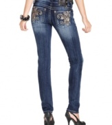 Embroidered Fleur de Lis with rhinestones add glam to these Miss Me bootcut jeans -- perfect for hot everyday style!
