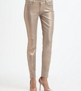 Coated with a metallic layer, these futuristic, mid-rise skinnies have a liquid-shine finish and retain an excellent stretch, making them the perfect nighttime style. THE FITMedium rise, about 8Inseam, about 30Leg opening, about 10THE DETAILSZip flyFive-pocket style78% cotton/20% polyester/2% spandexHand washMade in USAModel shown is 5'11 (178cm) wearing US size 4.