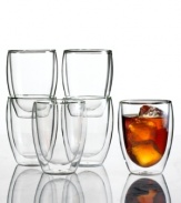 Keep hot drinks hot and cold drinks cold with these innovative drinking glasses. Cleverly crafted in a unique borosilicate glass with a double layer of insulation to reduce heat transfer in or out of the glass. The glass never sweats, ice doesn't deplete and coasters are a thing of the past!