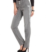 Grey is the new black! These skinny-leg jeans from Style&co. feature a chic scroll design at the side and a streamlined pocketless back for added style.