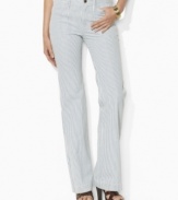 Lauren Jeans Co.'s vintage-inspired railroad-striped denim is constructed into a chic wide-leg pant, which is finished with laced detailing at the back of the waist for a modern element.