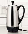 A more elegant alternative to standard coffee makers, this stainless steel percolator from Farberware has a sleek, pitcher shape. At a brewing rate of one cup per minute, this coffee pot sacrifices nothing in terms of speed for beauty. And once it has finished brewing, it will automatically switch to a safe keep warm temperature. Makes 4-12 cups. Comes with One-year limited warranty. Model #FCP412.