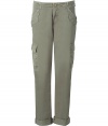 Stylish pants in fine cotton - fashion color khaki in slightly washed vintage optic - feminine sexy version of classic cargo pants - slim waistband with loops - slim and casually cut legs which are trendily turned-up - fashionable pockets with flap optic and flap pockets at the thighs - functional and robust, cool, a favorite for every day - pair with a biker jacket and gladiator booties
