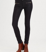 Crafted in one of the best-selling, high-shine washes, these unbelievably soft, zipper-trimmed skinnies will transition smoothly from work hours to after hours. THE FITMedium rise, about 9Inseam, about 29THE DETAILSZip flyFront besom pocketsZippered front slash pocketsBack patch pocketsZippered cuffs98% cotton/2% spandexMachine washMade in USA of imported fabricModel shown is 5'9 (175cm) wearing US size 0.