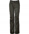 Stay stylish from the lodge to the slopes in these ultra-luxe shimmering ski pants from Jet Set - Zip fly, zippered back pockets, adjustable belt at front with elasticized waistline in back, zippered ankles, layered lining from knee to ankle with elasticized cuff and silicone band for hold - Slim, flared silhouette - Style with a figure-hugging cashmere pullover, shearling boots, and a sleek parka