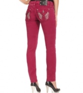 Rhinestone & embroidered back pockets add eye-catching appeal to these colored-denim Miss Me skinny jeans -- perfect for daytime glam!