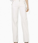 Eagle-embossed buttons add nautical panache to these wide-leg twill pants from Lauren Jeans Co.