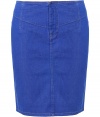 Mid blue tight denim pencil skirt - zipper at the front - Darts at waist create a great nipped in look - wear during the day with a tucked-in shirt - wear at the office or after work with a chic cropped jacket or blazer - create longer looking legs by wearing ankle boots or platform booties