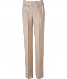 Luxurious ivory pants in raw silk - slim, straight cut with trendy waistband and pleats - elegant, respectable look for grown-up, successful women - worn best for business or classy invitations like dinners, art exhibit prevews and premieres - put with slim tops you can tuck in - a MUST: high heels - wear with a blazer or trench coat