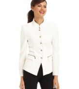 Creamy white fabric and festive tooled goldtone buttons brighten up Tahari by ASL's military-inspired jacket.