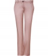 Stylish pants in fine blush pink acetate and nylon stretch blend - Elegant, satin-like sheen - Modern silhouette: low-waisted, slim fit, cropped at the ankle - Chic crease detail at front, belt loops, double welt pockets at back - A versatile and polished pant that easily goes from day to night - Ideal for the office, cocktails and evening events - Pair with a silk blouse or paillette top and cropped leather jacket - Style with ankle booties or platform heels