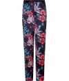 Stylish horizon teal floral silk pants from Marc by Marc Jacobs - A subdued floral print and tuxedo details add unique flair to these quirky pants -Long, lean silhouette, all-over floral print with black stripe down side seam, back slit pockets - Pair with a cashmere pullover, a blazer, and heels
