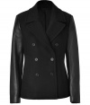 An ultra luxe iteration of the classic pea coat, Neil Barretts leather sleeved silhouette is a contemporary-chic choice tailored to multi-season sophistication - Notched collar, long leather sleeves, double-breasted button-down front, side slit pockets, stitched back sash, double back vents - Slightly shorter, A-line silhouette - Layer over tailored sheath dresses with heels and matching leather accessories
