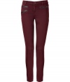 Spice up your casual look with these wine-hued zipper-laden skinnies from cult-favorite denim line J Brand - Flat front, belt loops, three front zip pockets, back patch pockets, skinny leg - Wear with a billowy blouse, a cropped denim jacket and wedge heels
