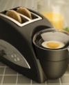 Prepare a complete breakfast in a snap with this ingenious egg and muffin toaster. This all-in-one appliance simultaneously poaches eggs and toasts muffins or bagels to perfection. In just four minutes, you'll have all the ingredients for the ultimate breakfast sandwich. If you're only in the mood for a snack, you can simply choose to toast or poach. An included warming tray keeps your food fresh until you're ready to eat. One-year warranty.