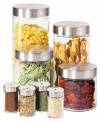 Arrange. Organize. Preserve. This set of airtight canisters and spice jars have a sleek design and fresh functionality, helping loose food look better and lasts longer on the counter or in the cabinets.