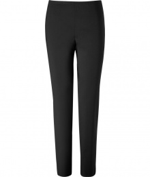 Stylish pants in fine black wool are a must-have wardrobe basic - Incredibly comfortable and flattering thanks to a hint of stretch - Features fashionable, slim and straight cut with flat front and side zip pockets - A million combinations for work or after hours - For business with a blouse and blazer, and for evening with a sexy top and non-stop heels