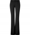 Luxurious trousers of fine black cotton-viscose - Slight stretch creates wearable comfort - Modern silhouette features narrow legs with flared bottoms - Moderately high waist and flat front - Fashionable look perfect for the office, or in the evenings - Basic piece pairs nicely with blouses, cardigans and heels
