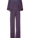 Take a modern stance on cocktail attire with Issas navy and red silk printed jumpsuit, perfect for taking chic days at the office into after-hours elegance - Boat-neckline, 3/4 length draped sleeves, tailored at the waist, open back with a button closure at the nape - Pair with strappy sandals and bright red accessories