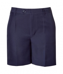 Stylish shorts in dark blue synthetic fiber - Lean, slightly longer cut hits above the knee - Higher waisted, with belt loops, zip fly and button tab closure - Welt pockets at rear, slash pocket at sides - Crease detail flatters and elongates the silhouette - Casually elegant and versatile, easily dressed up or down - Pair with a blouse, denim jacket and flat sandals by day, or with a silk top, blazer and wedges at night