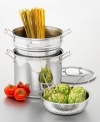 Boil the perfect pot of pasta--an all-around favorite that just got better! Cuisinart's Pasta/Steamer Set includes a 12-quart stock pot with tight fitting cover, convenient self-draining pasta insert and steamer basket for added versatility--use it to steam vegetables and shellfish. Set is constructed of gleaming 18/10 stainless steel designed for smart, healthy cooking. Features riveted Cool Grip Handles for a confident hold, tapered rims for easy pouring and a lid that locks in flavor, texture and nutrients. Aluminum core spreads heat for even cooking. Ideal for the stovetop, oven or broiler, the set is even freezer-safe for the ultimate in food storage convenience. Dishwasher safe. Lifetime limited warranty.