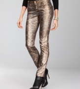 Get glowing this season in the hottest pair of jeans around! INC's skinnies mix metallic with sexy snakeskin print.