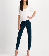 Cotton twill look has a mid rise, skinny-leg construction and a hint of stretch. THE FITMid-rise Skinny leg Rise, about 8 Inseam, about 27THE DETAILSZip fly Button closure Five-pocket style 98% cotton/2% Lycra Machine wash Made in USA of imported fabric