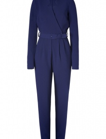 A modern take on eveningwear, Rachel Zoes royal blue crepe jumpsuit is a sleek choice for added an understated edge of glamour to your look - Notched V-neckline, long sleeves, wrapped front with button closure, pleated pants, side slit pockets, belted waistline, belt loops - Softly tailored, tapered leg - Team with sparkly jewelry and flawless pumps