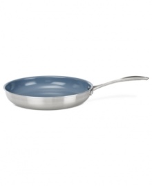 Combining a history of professional performance and unbeatable quality with stainless steel mastery, this fully clad 3-ply fry pan takes center stage in your space. The eco-friendly Thermolon nonstick ceramic coating and thick aluminum core promote hassle-free meals where food cooks quickly, evenly & releases with ease. 2-year warranty.