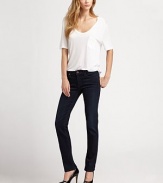 Slim, straight-leg denim in a chic, slightly cropped silhouette.THE FITSlim fitRise, about 7¼Inseam, about 30THE DETAILSZip flyFive-pocket styleSignature stitch back pockets69% rayon/29% cotton/2% polyurethaneMachine washMade in USA of imported fabric